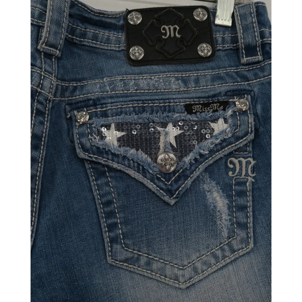 Miss Me Signature Americana Sequin Flag Denim Shorts Blue 29